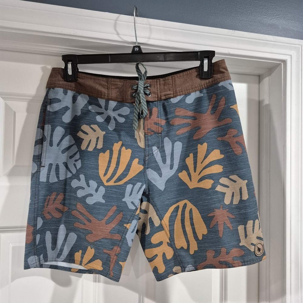 HippyTree Board Shorts Mens‎ 32 Blue Tan Bombora Trunk Leaves Surf Swim Stretch